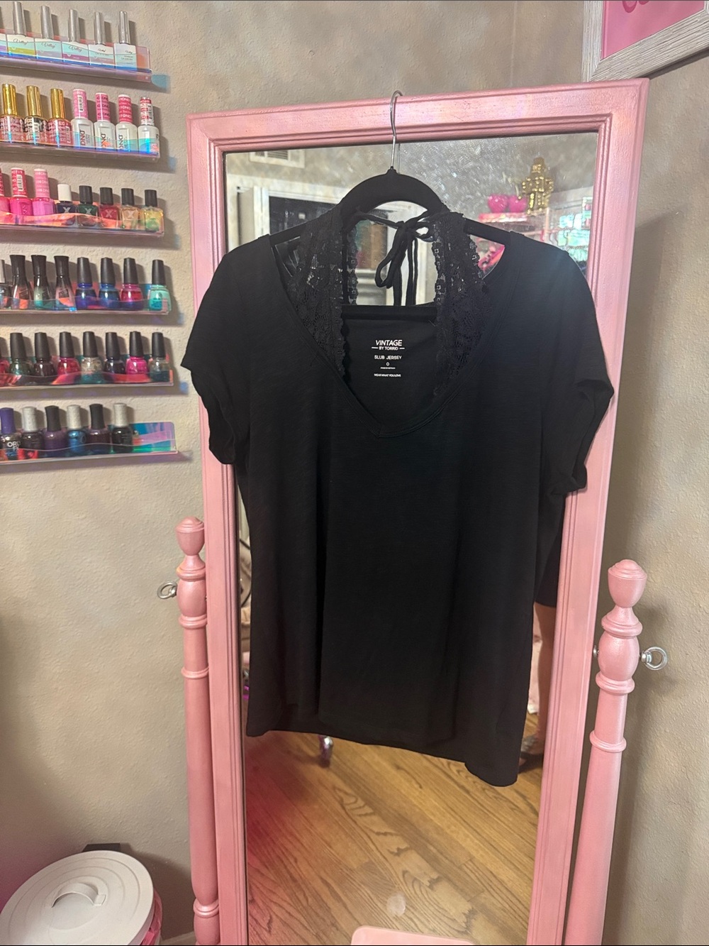 torrid Black Short Sleeve V-Neck Tee with Lace Tie Back